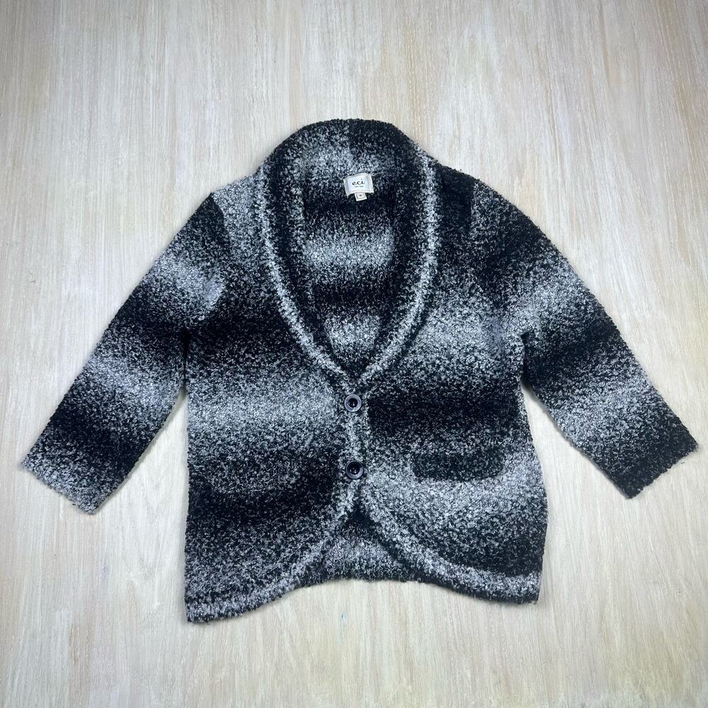ECI Black Gray Nubby Boucle Knit Button Front Stripe Cardigan Sweater Medium